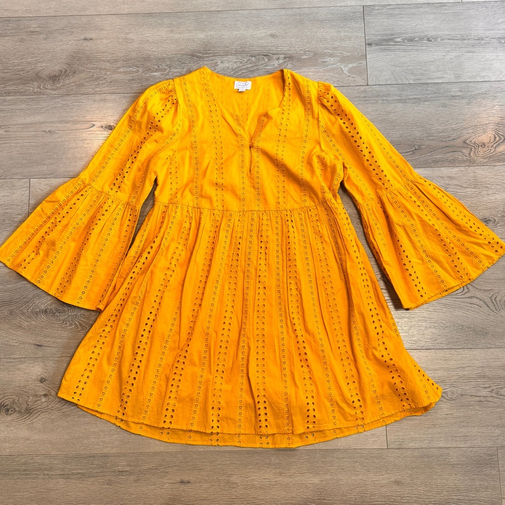 Mud Pie Eyelet Dress Bell Sleeve Babydoll Mini Dress Yellow Size Small S
